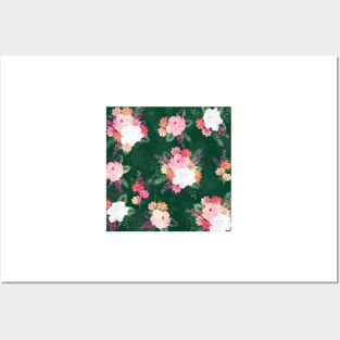 Pink Watercolor Flowers Green Design Posters and Art